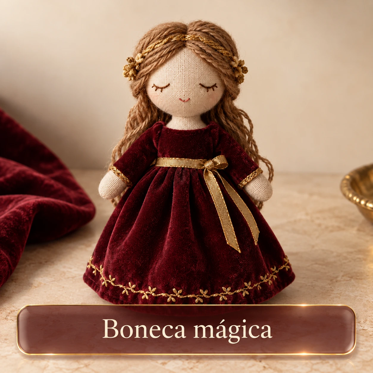 Boneca de tecido com vestido vinho e legenda Boneca mágica