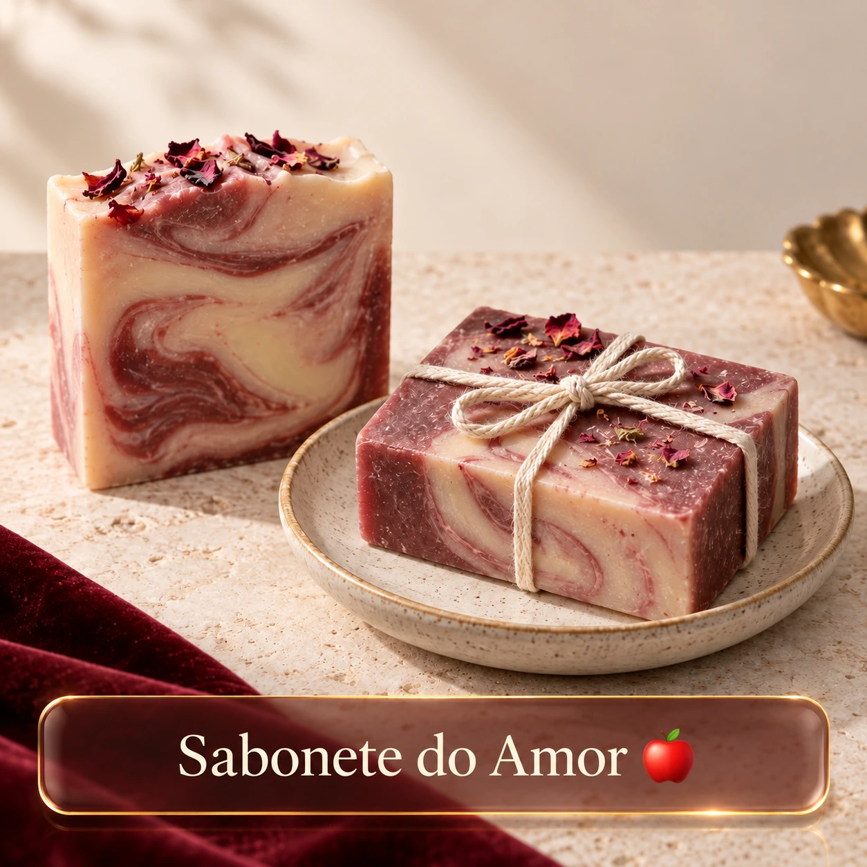 Sabonetes artesanais com a legenda Sabonete do Amor e uma maçã vermelha